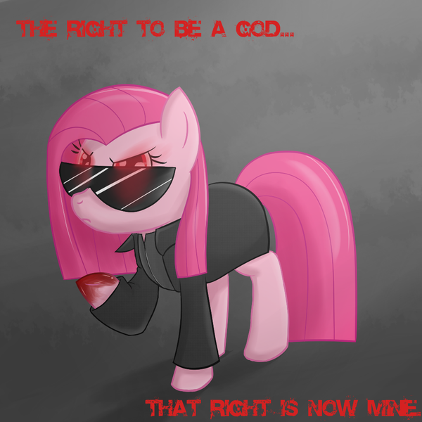 Size: 1000x1000 | Tagged: safe, artist:speccysy, derpibooru import, pinkie pie, earth pony, pony, albert wesker, blood, clothes, crossover, female, mare, pinkamena diane pie, raised hoof, resident evil, solo, sunglasses