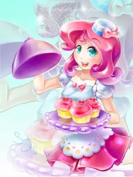 Size: 600x800 | Tagged: artist:canarycharm, clothes, derpibooru import, dress, female, human, humanized, pinkie pie, safe, solo, tray, zoom layer
