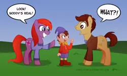Size: 840x504 | Tagged: safe, artist:lissystrata, derpibooru import, doctor whooves, time turner, ponified, earth pony, pony, catherine tate, crossover, david tennant, dialogue, doctor who, donna noble, female, male, mare, noddy, photoshop, signature, stallion, tenth doctor, trio