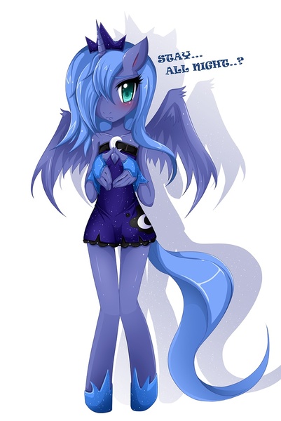 Size: 760x1137 | Tagged: anthro, artist:jinzhan, blushing, clothes, crown, derpibooru import, dress, female, hair over one eye, jewelry, princess luna, regalia, s1 luna, safe, skinny, solo, unguligrade anthro