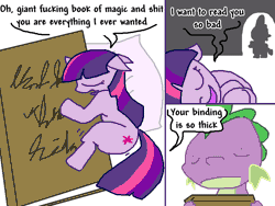 Size: 800x600 | Tagged: source needed, safe, artist:the weaver, derpibooru import, spike, twilight sparkle, dragon, pony, unicorn, :|, bibliophile, book, cargo ship, caught, comic, cuddling, door, dream, eyes closed, female, floppy ears, giant fucking book of magic and shit, i've seen some shit, impossibly large book, innuendo, male, mare, open mouth, shipping, side, simple background, smiling, snuggling, that pony sure does love books, traumatized, twibook, unicorn twilight, vulgar, wat, white background, wide eyes