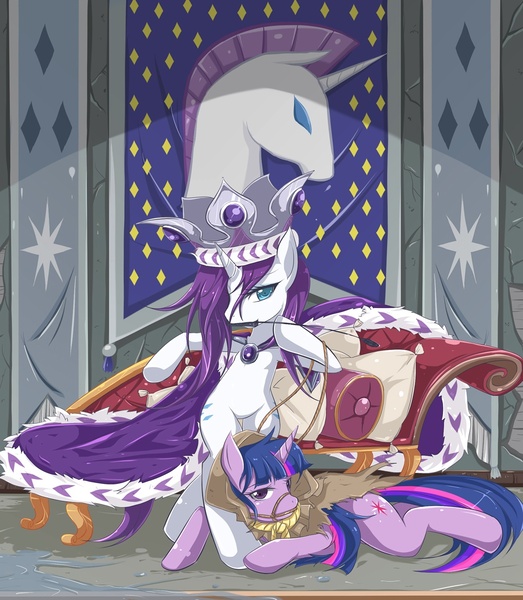 Size: 1000x1147 | Tagged: safe, artist:jinzhan, derpibooru import, clover the clever, princess platinum, rarity, twilight sparkle, pony, unicorn, bipedal, bondage, bridle, clothes, costume, couch, crown, dominant, duo, female, femdom, femsub, lesbian, mare, mouth hold, rarilight, shipping, submissive, twisub, whip