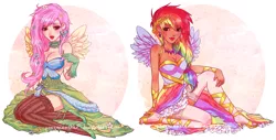Size: 1647x837 | Tagged: abstract background, artist:ponymonster, breasts, busty fluttershy, choker, cleavage, clothes, derpibooru import, dress, duo, duo female, female, fluttershy, gala dress, high heels, human, humanized, rainbow dash, safe, shoulderless, sitting, stockings, winged humanization, wings