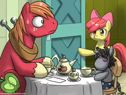 Size: 1000x750 | Tagged: safe, artist:johnjoseco, derpibooru import, apple bloom, big macintosh, smarty pants, earth pony, pony, caught, female, filly, i can explain, it's not what it looks like, male, shrunken pupils, sitting, stallion, sweatdrop, tea party, unexpected