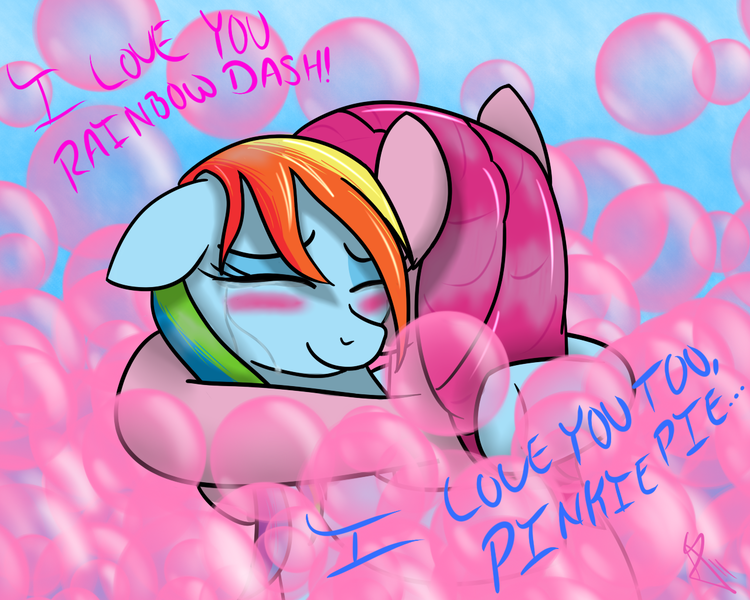 Size: 1280x1024 | Tagged: safe, artist:sonicrainboom93, derpibooru import, pinkie pie, rainbow dash, earth pony, pegasus, pony, fanfic, fanfic:the party hasn't ended, blushing, bubble, crying, fanfic art, female, hug, lesbian, mare, pinkiedash, shipping