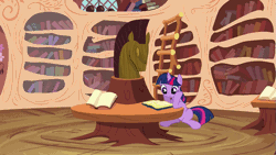 Size: 853x480 | Tagged: safe, derpibooru import, screencap, twilight sparkle, pony, unicorn, a friend in deed, animated, blinking, book, female, gif, golden oaks library, horsehead centerpiece, library, mare, reading, solo, unicorn twilight