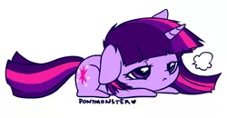 Size: 897x468 | Tagged: safe, artist:ponymonster, derpibooru import, twilight sparkle, pony, unicorn, bored, chibi, cute, female, floppy ears, frown, mare, prone, sigh, simple background, solo, twiabetes, unicorn twilight, white background