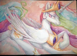 Size: 2000x1466 | Tagged: dead source, safe, artist:buttercupsaiyan, deleted from derpibooru, derpibooru import, princess celestia, alicorn, pony, female, mare, painting, slit eyes, solo, watercolor painting