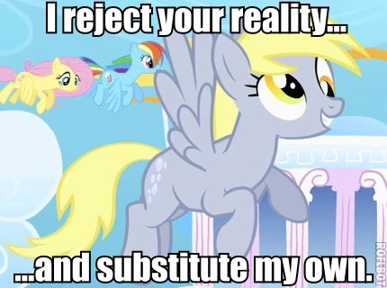 Size: 430x320 | Tagged: safe, derpibooru import, edit, edited screencap, screencap, derpy hooves, fluttershy, rainbow dash, pegasus, pony, adam savage, cloudsdale, female, i reject your reality and substitute my own, image macro, mare, meme, mythbusters, text, the dungeonmaster