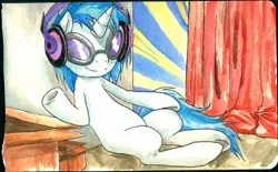 Size: 1280x796 | Tagged: dead source, safe, artist:buttercupsaiyan, deleted from derpibooru, derpibooru import, vinyl scratch, pony, unicorn, female, headphones, mare, sitting, solo, watercolor painting