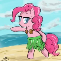 Size: 1000x1000 | Tagged: safe, artist:speccysy, derpibooru import, pinkie pie, earth pony, pony, beach, bipedal, clothes, coconut bikini, female, grass skirt, hula, mare, skirt, solo, water