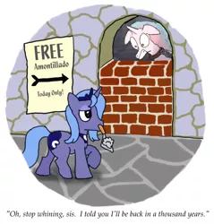 Size: 900x942 | Tagged: safe, artist:ambrosebuttercrust, derpibooru import, princess celestia, princess luna, alicorn, pony, female, immurement, mare, mouth hold, revenge, role reversal, s1 luna, the cask of amontillado, trowel