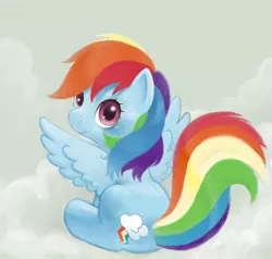 Size: 1000x950 | Tagged: safe, artist:naaaaar, derpibooru import, rainbow dash, pegasus, pony, cloud, cloudy, cutie mark, female, filly, filly rainbow dash, foal, hooves, looking at you, looking back, looking back at you, mare, on a cloud, sitting, sitting on cloud, solo, spread wings, wings, younger