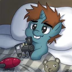 Size: 900x900 | Tagged: safe, artist:johnjoseco, derpibooru import, snips, pony, unicorn, bucktooth, colt, cute, diasnips, laying on bed, male, morning ponies, solo, train, zeppelin