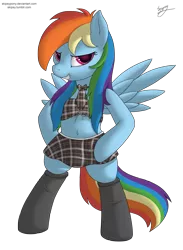 Size: 1833x2500 | Tagged: safe, artist:skipsy, derpibooru import, rainbow dash, pegasus, pony, belly button, bipedal, clothes, female, looking at you, midriff, necktie, short shirt, signature, simple background, skirt, socks, solo, spread wings, transparent background, wings