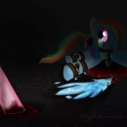 Size: 1000x1000 | Tagged: grimdark, artist:frostedpuffs, derpibooru import, pinkie pie, rainbow dash, earth pony, pegasus, pony, fanfic:cupcakes, blood, bound, crying, female, mare, prone, restrained, severed wing, wingless