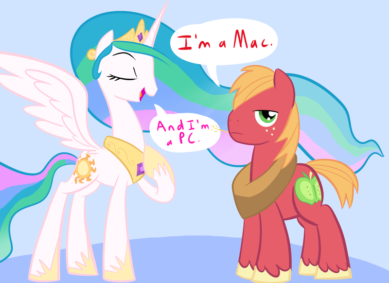 Size: 2338x1700 | Tagged: safe, artist:tess, derpibooru import, big macintosh, princess celestia, alicorn, earth pony, pony, dialogue, duo, english, eyes closed, female, frown, funny, jewelry, looking at you, mac, mac ad parody, male, mare, name pun, open mouth, pc, pun, raised hoof, regalia, smiling, spread wings, stallion, unamused