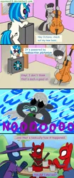 Size: 675x1620 | Tagged: safe, artist:equinox23, derpibooru import, mare do well, octavia melody, vinyl scratch, earth pony, pony, unicorn, bass cannon, cello, comic, crossover, deadpool, female, how do i shot web, mare, musical instrument, spider-man