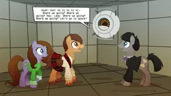 Size: 900x506 | Tagged: safe, artist:lissystrata, derpibooru import, doctor whooves, time turner, ponified, earth pony, pony, robot, crossover, dialogue, doctor who, female, jamie mccrimmon, male, mare, patrick troughton, personality core, portal (valve), second doctor, signature, space core, stallion, victoria waterfield