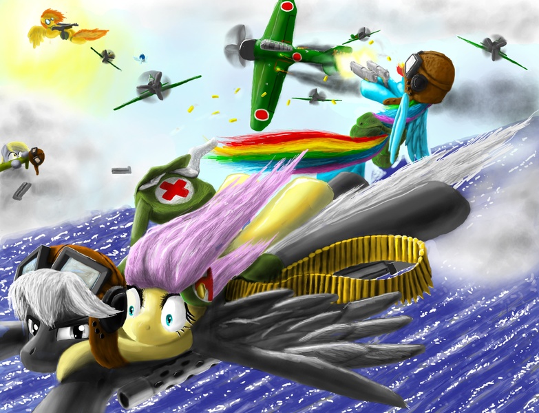 Size: 3000x2300 | Tagged: dead source, safe, artist:laaseensld, derpibooru import, derpy hooves, fluttershy, rainbow dash, soarin', spitfire, oc, unnamed oc, pegasus, pony, ammo drum, aviator hat, colt m1911, dogfight, dual pistol, dual wield, female, fighter, flying, goggles, gun, hat, high res, japan, mare, medic, medical pony, photoshop, plane, submachinegun, war, weapon