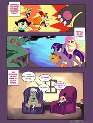 Size: 690x920 | Tagged: safe, artist:bakki, derpibooru import, applejack, fluttershy, mayor mare, twilight sparkle, earth pony, pegasus, pony, unicorn, blossom (powerpuff girls), bubbles (powerpuff girls), buttercup (powerpuff girls), comic, crossover, female, mare, the powerpuff girls