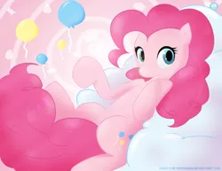 Size: 900x695 | Tagged: safe, artist:coco-the-personer, derpibooru import, pinkie pie, earth pony, pony, abstract background, balloon, cloud, cute, cutie mark, female, grin, hooves, looking at you, lying on a cloud, mare, on a cloud, on back, smiling, solo