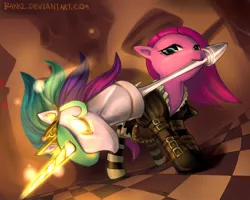 Size: 700x560 | Tagged: safe, artist:bakki, derpibooru import, pinkie pie, princess celestia, earth pony, pony, alice madness returns, american mcgee's alice, clothes, crossover, female, hobby horse, mare, mouth hold, pinkamena diane pie, solo, video game