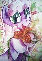 Size: 705x1000 | Tagged: safe, artist:buttercupsaiyan, deleted from derpibooru, derpibooru import, cheerilee, earth pony, pony, abstract background, female, flower, happy, mare, rearing, solo, traditional art