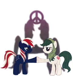 Size: 700x728 | Tagged: safe, artist:cosmicunicorn, derpibooru import, ponified, earth pony, pony, duo, eye contact, female, hoofbump, iran, looking at each other, mare, nation ponies, peace, united states