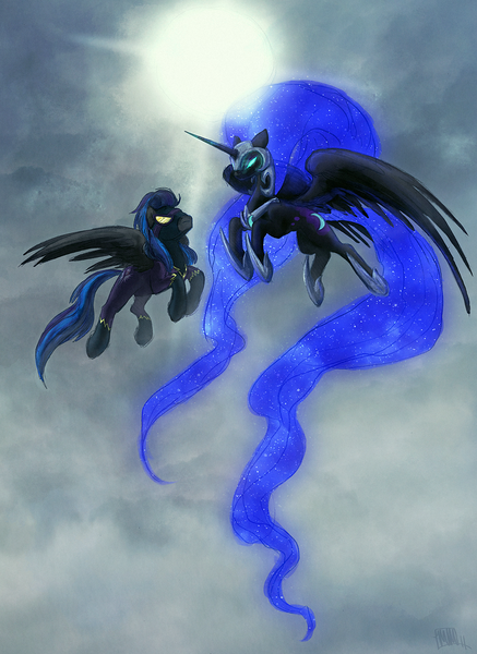 Size: 1020x1400 | Tagged: safe, artist:cosmicunicorn, derpibooru import, descent, nightmare moon, alicorn, pegasus, pony, clothes, cloud, cloudy, costume, duo, ethereal mane, female, flying, glowing eyes, hoof shoes, impossibly long hair, impossibly long tail, long hair, long mane, long tail, mare, moon, shadowbolts, shadowbolts (nightmare moon's minions), shadowbolts costume, spread wings, starry mane