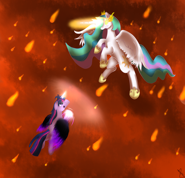 Size: 1524x1468 | Tagged: safe, artist:sonicrainboom93, derpibooru import, nightmare star, princess celestia, twilight sparkle, twilight sparkle (alicorn), alicorn, pony, female, fight, flying, mare, mustafar, revenge of the sith, series finale, twilight is anakin