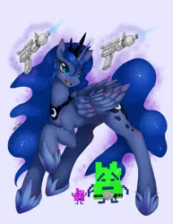 Size: 773x1000 | Tagged: dead source, safe, artist:slugbox, derpibooru import, princess luna, alicorn, pony, aqua teen hunger force, belt, crossover, cute, err, female, foreigner, foreigner belt, gun, ignignokt, laser gun, laser pistol, magic, mare, mooninites, moonraker, open mouth, raised hoof, shiny, simple background, smiling, telekinesis, weapon