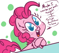 Size: 880x800 | Tagged: safe, artist:tess, derpibooru import, pinkie pie, earth pony, pony, abstract background, bronybait, crossed hooves, cute, dialogue, diapinkes, dilemma, female, looking at you, mare, no pupils, open mouth, solo, speech bubble, waifu