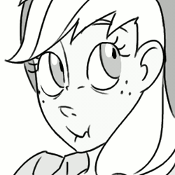 Size: 300x300 | Tagged: animated, applejack, artist:thelivingmachine02, derpibooru import, female, freckles, gif, gimp, hat, human, humanized, liar face, liarjack, monochrome, safe, scrunchy face, shifty eyes, simple background, solo, white background