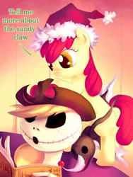 Size: 600x800 | Tagged: safe, artist:bakki, derpibooru import, apple bloom, earth pony, pony, bipedal leaning, book, creepy, crossover, cute, duo, female, filly, hat, jack skellington, open mouth, parody, pony hat, santa hat, smiling, the nightmare before christmas, tim burton
