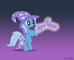 Size: 1000x811 | Tagged: dead source, safe, artist:glittering-pony, derpibooru import, trixie, pony, unicorn, card, female, gradient background, levitation, magic, mare, photoshop, rearing, solo, telekinesis