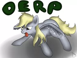 Size: 1024x768 | Tagged: safe, artist:sonicrainboom93, derpibooru import, derpy hooves, pegasus, pony, derp, determined, female, gradient background, mare, solo, spread wings, tongue out, wings