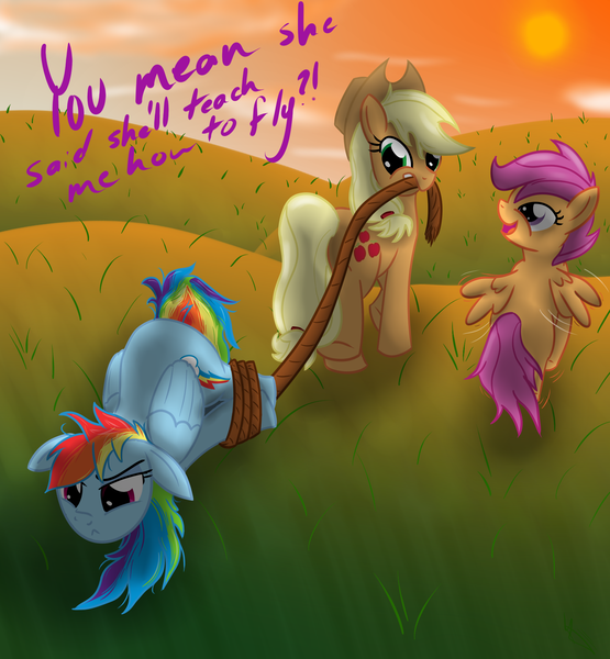 Size: 1780x1924 | Tagged: safe, artist:sonicrainboom93, derpibooru import, applejack, rainbow dash, scootaloo, earth pony, pegasus, pony, bondage, female, filly, flying lesson, hogtied, hopeful, mare, mouth hold, pulling, rope, scootaloo can't fly, tied up