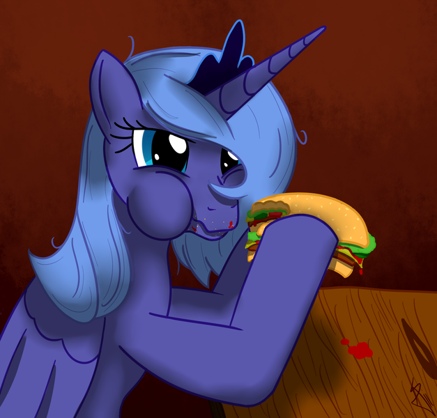 Size: 1280x1224 | Tagged: safe, artist:sonicrainboom93, derpibooru import, princess luna, alicorn, pony, burger, eating, female, food, hamburger, mare, ponies eating meat, princess, puffy cheeks, s1 luna, solo