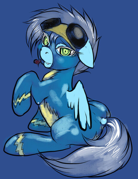 Size: 900x1172 | Tagged: dead source, safe, artist:buttercupsaiyan, deleted from derpibooru, derpibooru import, oc, oc:echo the wonderbolt, unofficial characters only, pegasus, pony, blue background, clothes, female, floppy ears, goggles, heart, looking at you, looking back, mare, raised hoof, simple background, sitting, solo, spread wings, uniform, wonderbolts, wonderbolts uniform