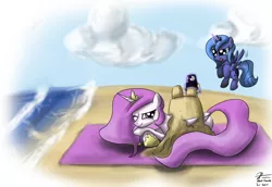 Size: 2400x1650 | Tagged: safe, artist:leadhooves, derpibooru import, princess celestia, princess luna, alicorn, pony, beach, cute, female, filly, flying, prone, sand castle, tongue out, water, woona, young
