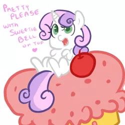 Size: 450x450 | Tagged: safe, artist:mt, derpibooru import, sweetie belle, pony, unicorn, cupcake, female, filly, on back, pretty please, solo