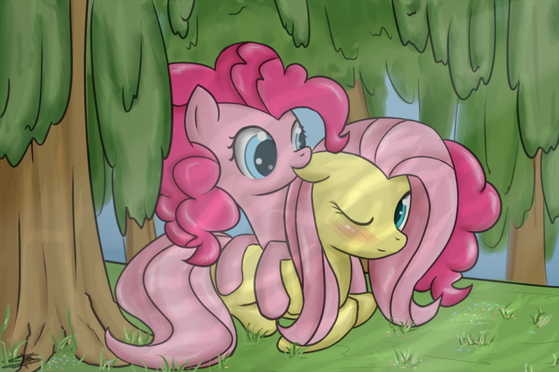 Size: 1200x800 | Tagged: safe, artist:speccysy, derpibooru import, fluttershy, pinkie pie, earth pony, pegasus, pony, blushing, ear bite, female, flutterpie, forest, lesbian, mare, one eye closed, prone, shipping