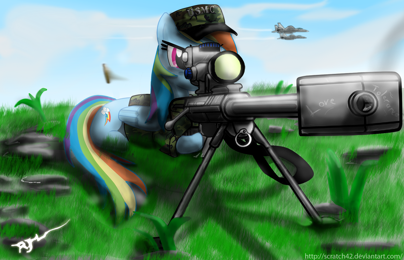 Size: 1680x1080 | Tagged: dead source, safe, artist:scratch42, derpibooru import, rainbow dash, pegasus, pony, aiming, aircraft, clothes, cutie mark, female, grass, gun, hooves, lying down, mare, military, optical sight, prone, rifle, sniper, sniper rifle, solo, text, uniform, usmc, weapon, wings