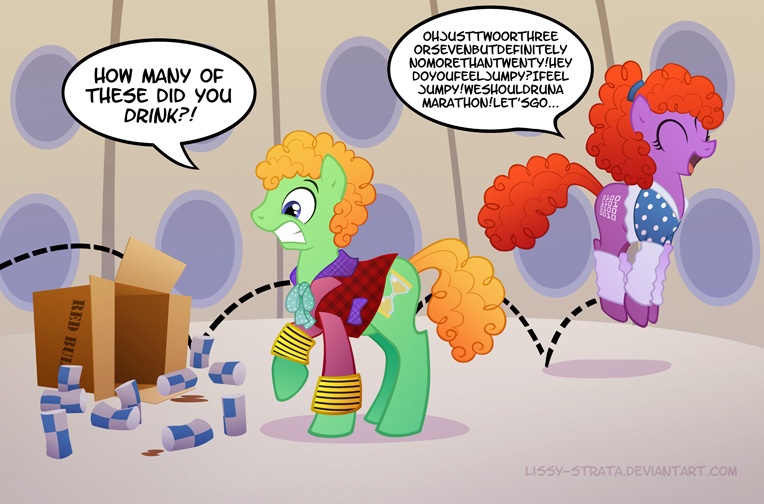 Size: 764x504 | Tagged: safe, artist:lissystrata, derpibooru import, doctor whooves, time turner, ponified, earth pony, pony, box, caffeine, can, colin baker, dialogue, doctor who, duo, energy drink, female, hopping, hyperactive, jumping, jumpy, male, mare, mel bush, photoshop, red bull, signature, sixth doctor, soda, stallion