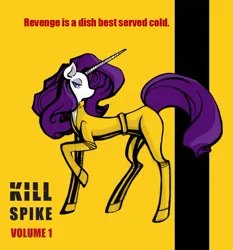 Size: 750x805 | Tagged: safe, artist:queen-le-fra-fra, derpibooru import, rarity, pony, unicorn, clothes, crossover, female, get, index get, kill bill, mare, photoshop, repdigit milestone, solo