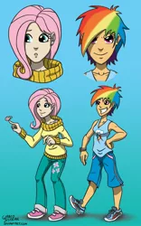 Size: 1280x2048 | Tagged: artist:glancojusticar, clothes, derpibooru import, duo, female, fluttershy, gradient background, human, humanized, rainbow dash, safe, shoes, skinny, sneakers, sweater, sweatershy