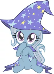 Size: 3586x4897 | Tagged: safe, artist:littlelunithe, derpibooru import, trixie, pony, unicorn, clothes, cute, diatrixes, female, filly, foal, hat, robe, simple background, sitting, trixie's cape, trixie's hat, white background