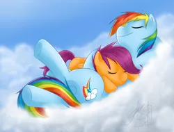 Size: 1480x1124 | Tagged: dead source, safe, artist:melancholysanctuary, derpibooru import, rainbow dash, scootaloo, pegasus, pony, blank flank, cloud, cutie mark, duo, eyes closed, female, filly, foal, hooves, lying on a cloud, mare, on a cloud, scootalove, sleeping, wings