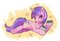 Size: 1229x844 | Tagged: safe, artist:suikuzu, derpibooru import, amethyst star, pony, unicorn, abstract background, female, licking, mare, peanut butter, prone, solo, that pony sure loves peanut butter, tongue out